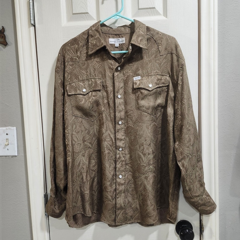 Vintage GUESS Georges Marciano Mens Western Paisley Pearl Snap Shirt USA
